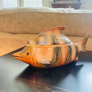 Vintage Art Glazed Pottery Fish Trinket Box Bowl with Lid Unmarked Rare